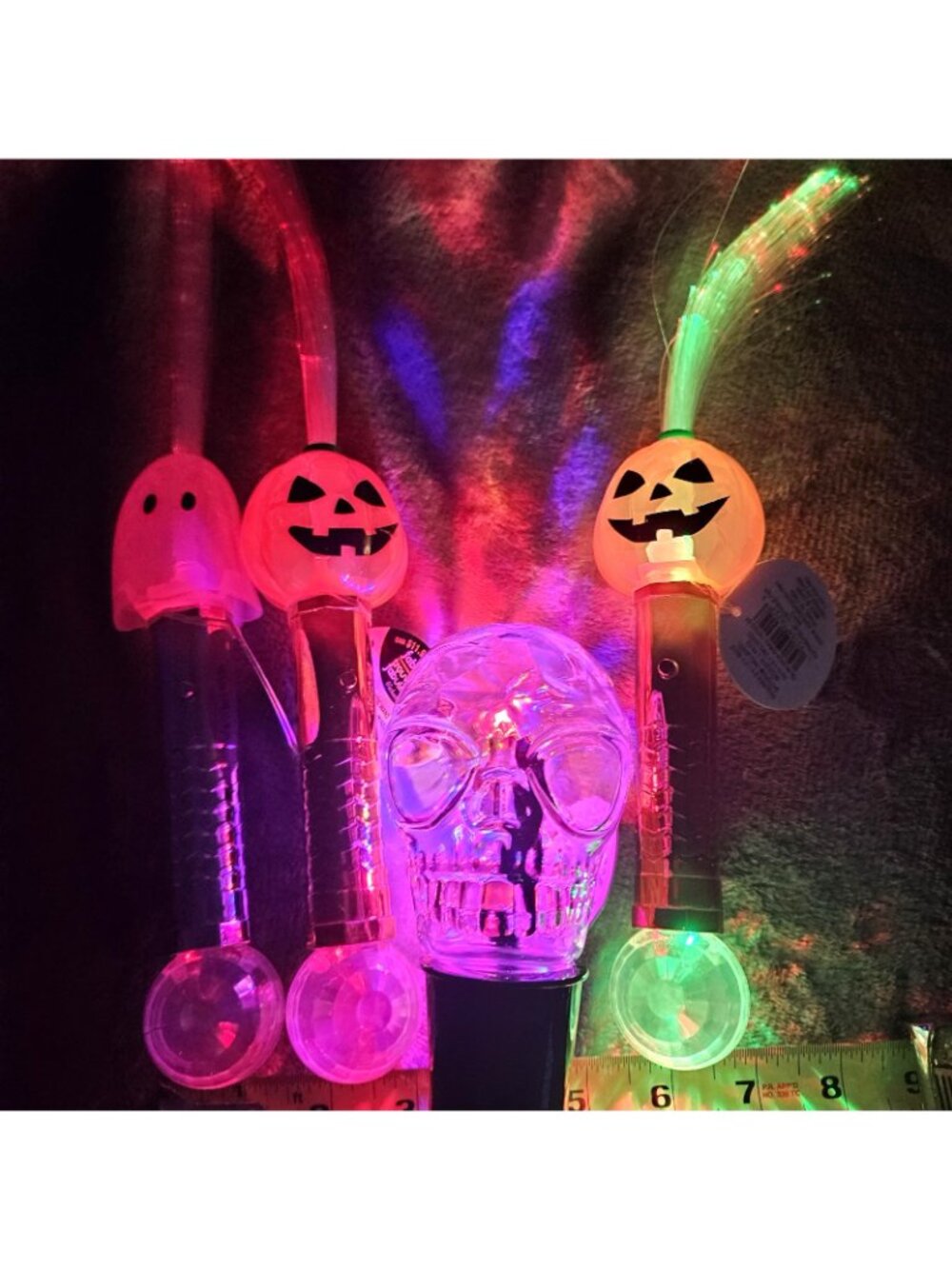 Halloween Light Up Wand Lot of 4 pcs Skull Pumpkin Ghost Fiber Optic Party Goth